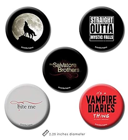 PrintOctopus Set of 5 Vampire Diaries Merchandise -Pin Badge + Fridge Magnet (2 in 1)