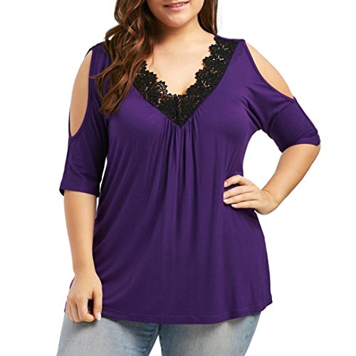 FEITONG Fashion Womens Plus Size T-Shirt Lace Trim V Neck Cold Shoulder Tops Blouse, XL-5XL(XXX-Large,Purple)