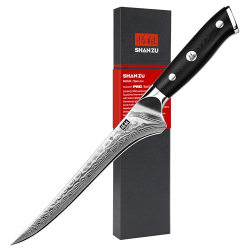 SHAN ZU Damask Filleting Knife 18 cm Kitchen Knife, Boning Knife Made of 67 Layers of Japanese Damascus Steel, Professional Fish Fillet Knife, Sharp Fish Knife with Ergonomic G10 Handle - PRO Series