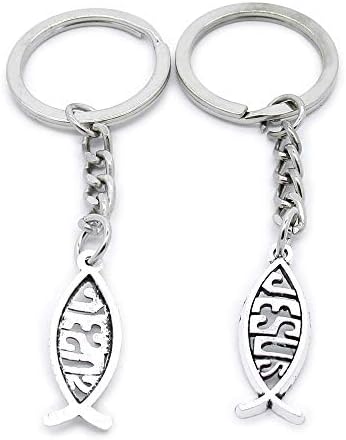 50 PCS Antique Silver Keyrings Keychains Key Ring Chains Tags Clasps AA461 Jesus Christian Fish