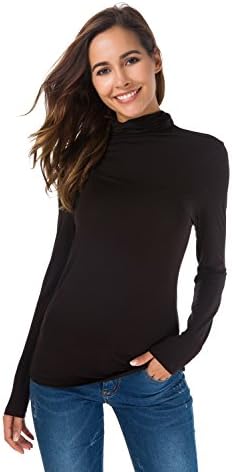AMII Womens Comfort Tees Solid Modal Turtleneck Long Sleeve T-Shirts Undershirt Black M