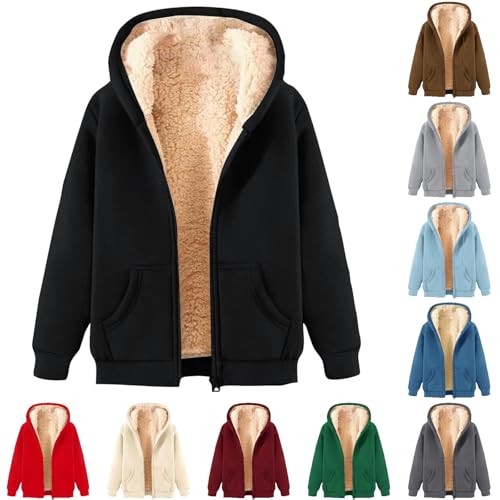 women's clothing, Womens Teddy Fleece Hoodies Sherpa Lined Fuzzy Sweatshirts with Pockets Full Zip Hooded Jacket Ladies Winter Warm Jumper Coats Outwear Thermal Outfits (3-Black, XL)