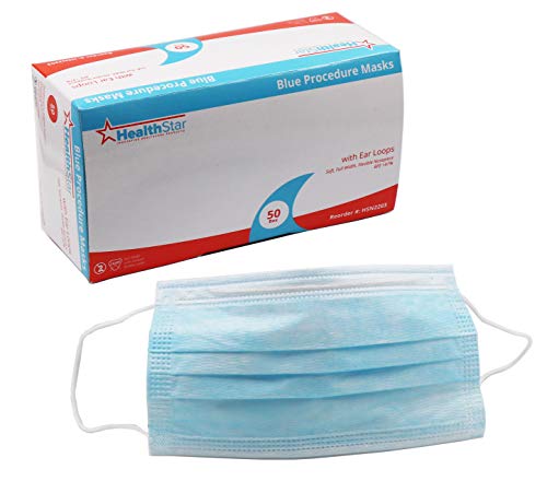 Healthstar Surgical Procedure Face Mask with Elastic Ear Loop (50 Pack) | Disposable, Comfortable and Breathable for Medical, Dental, Allergen, Pollen, Dust, Antiviral, Flu, Germ Prevention (Blue)