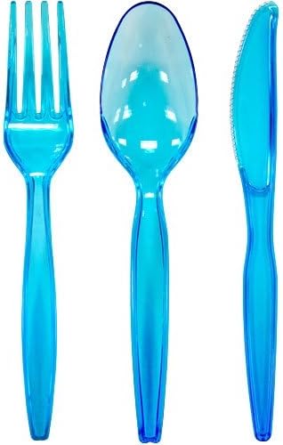 Plastic Cutlery Assortment: Knives/Forks/Spoons, Neon Blue, 8 Place Setting-Count