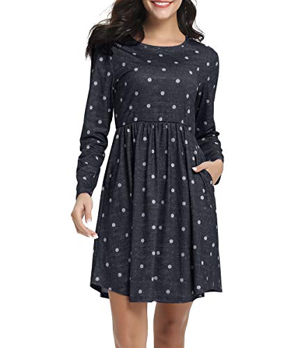 CEASIKERY Women Long Sleeve Pleated Polka Dot Pocket Swing Casual Midi Dress