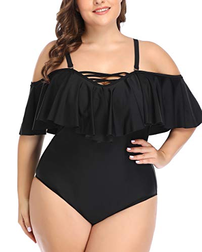 Daci Women Plus Size Swimsuit One Piece Ruched Lace Up - Black Size Plus Swimwear