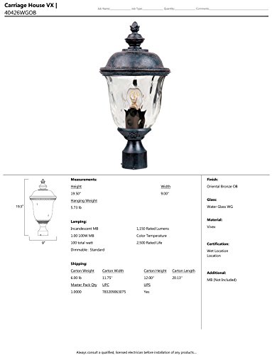 Maxim 40426WGOB Carriage House VX 1-Light Outdoor Pole/Post Lan, Oriental Bronze Finish, Water Glass Glass, MB Incandescent Incandescent Bulb , 13W Max., Dry Safety Rating, 2700K Color Temp, Glass Shade Material, 8100 Rated Lumens - Thumbnail 2