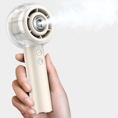 Dnenellr Portable Fan with Nebulizer, Powerful Mini USB Fan, Turbo Motor, 6000mAh Rechargeable Battery, 4 Speeds for Travel, Outdoor, Gift Idea Women Men (Beige)