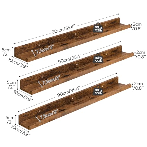 HOOBRO Floating Shelves for Wall, Wooden Floating Shelves Set of 3, Wall Mounted Shelves for Living Room, Wall Shelf with Raised Edge, Invisible Bracket, for Bathroom, Bedroom, Rustic Brown EBF90BJ01