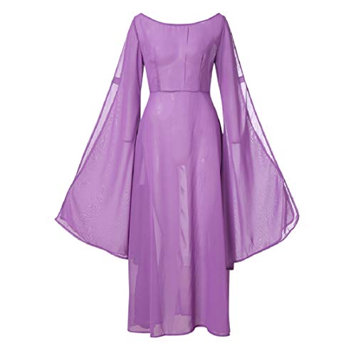 Women Hollow Trumpet Sleeve Flare Dress Off Shoulder Vintage Party Club Elegant Performance Medieval Costume by Lowprofile Purple