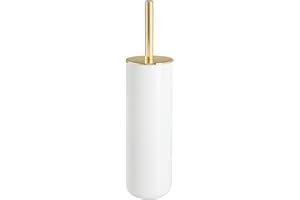 mDesign Compact Freestanding Plastic Toilet Bowl Brush and Holder for Bathroom Storage - Plastic and Stainless Steel - Sturdy, Deep Cleaning - White/Gold