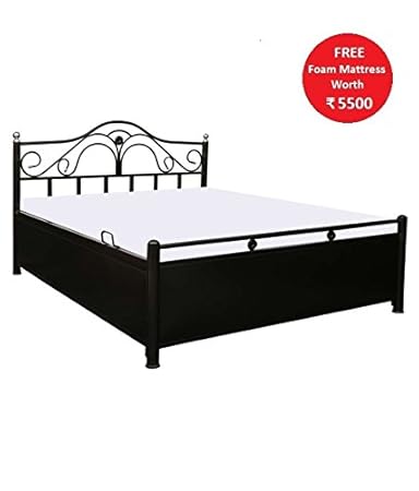 Royal interiors Queen Size Metal Bed With Foam Mattress and Hydraulic Storage (Matte Finish,Black)