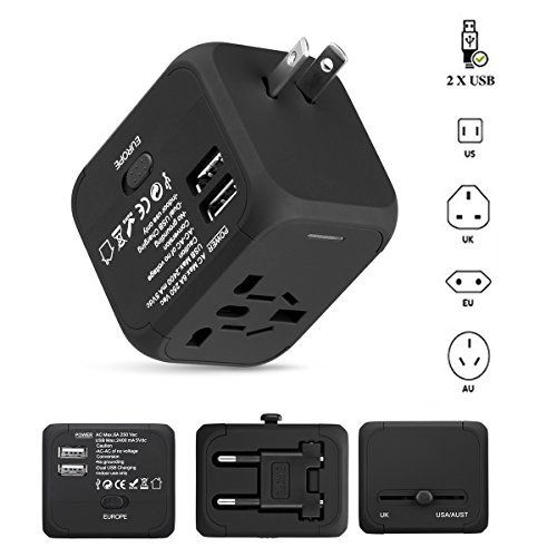 FLOUREON Universal Travel Power Adapter USB Wall Charger Outlet Plug All-in-one International Power Adapter with 2.4A Dual USB Charger for UK, EU, AU, Asia Covers 150+Countries,Black+Surge Protection