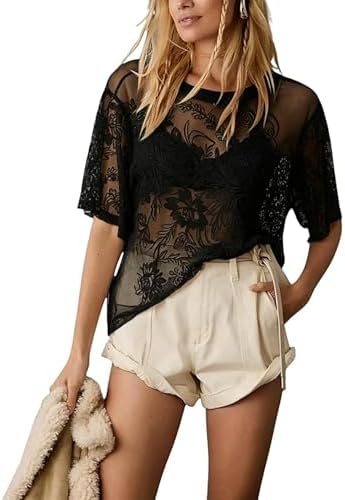 Amazon.com: Aimiray Women's Sexy Lace Tops Short Sleeve Round Neck
