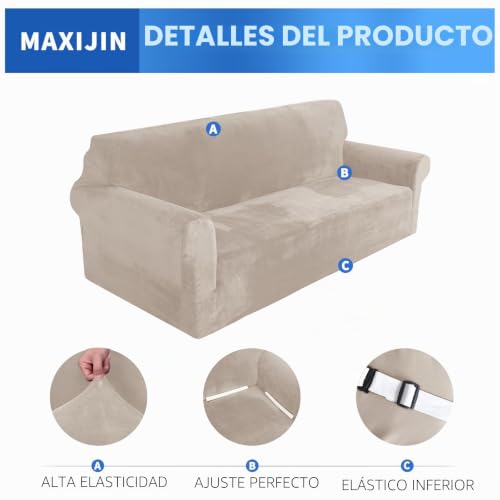 MAXIJIN Thick Velvet Sofa Cover for 3 Seater, Super Elastic Non Slip Sofa Cover, Pet Friendly 1 Piece Furniture Protector (3 Seater, Khaki)