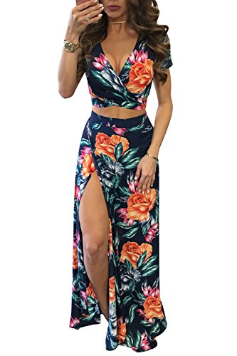 Dellytop Women’s Wrap Front Floral Printed Two Pieces Crop Split Maxi Dress