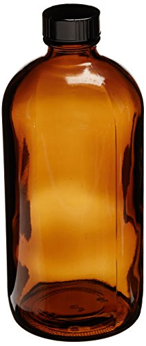JG Finneran D0161-16 Amber Borosilicate Glass Standard Boston Round Bottle with Black Phenolic Closure, PE Cone Lined, 28-400mm Cap Size, 16oz Capacity (Pack of 12)