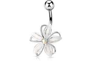 Pierced Owl - 14GA Stainless Steel CZ Crystal Centered Wire Set White Flower Belly Button Ring