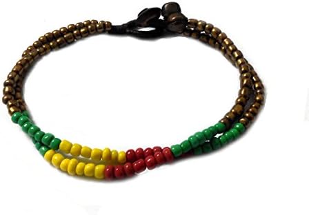 Beads Anklet Rasta Gold Color Handmade Two Strings Cotton Wax Cord Boho (AK0015)