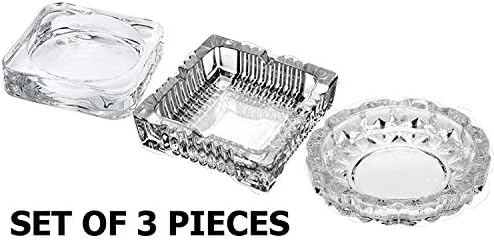 King International Stainless Steel Crystal Quality Glass Ash Tray | Square Tabletop | Glass Ashtray | Smoke Collectible Tribal Decoration | Set of 3 Pieces
