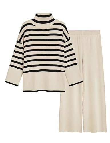 Tanming Women's Sweater Sets Long Sleeve Striped Jumper Tops Casual Knit Wide Leg Pants Sets