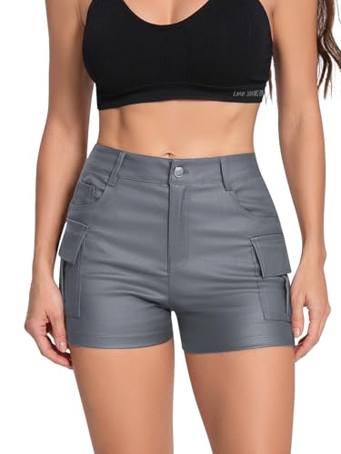 hibshaby Womens Faux Leather Shorts Coated High Waisted Cargo Stretchy Legging Casual Shorts Grey at Amazon