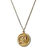 Izpack Sea Wave Round Coin Pendant Necklace Stainless Steel 18k Golden Plated Engraved Cameo Circle Disc Necklaces for Women Fashion Birthday Jewelry Gifts Adjustable Chain