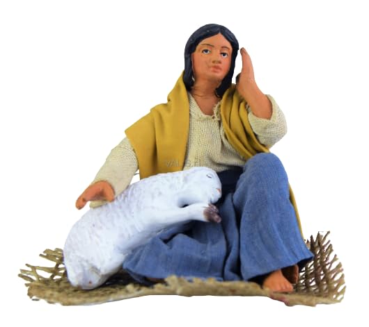 Holyhome Seated Woman with Lamb for 12 cm (4.72 Inch) Nativity Scene 1:15 Scale - Neapolitan Nativity in Dressed Terracotta, Handmade and Hand-Painted, Made in Italy