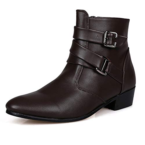 Fiaya Men's Leather Chelsea Boots Motorcycle Martin Boots Zipper Buckle Western Formal Dress Boots (Brown, US:9.5)