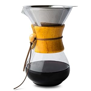 Image of Comfify Pour Over Coffee Maker with Borosilicate Glass Carafe and Reusable Stainless Steel Permanent Filter Manual Coffee Dripper Brewer with Real Wood Sleeve - 30 oz. - Free Ebook
