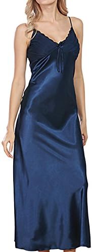 Happyyip Women Summer Sexy Satin Lace Long Nightgown Slip Lingerie Chemise Robes Navy US 14 = Tag XXXL