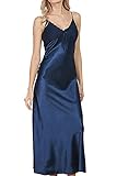 Asherbaby Women's Sexy Satin Long Nightgown Lace Slip Lingerie Chemise Robes (US 12, Navy)