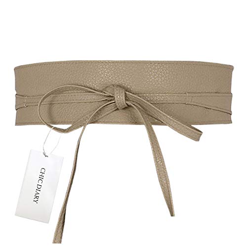 CHIC DIARY Fashion Women Faux Leather Bow Tie Waistband Elastic Stretch Waist Strap Cummerbund Waist Band Belt for Dress (Beige)