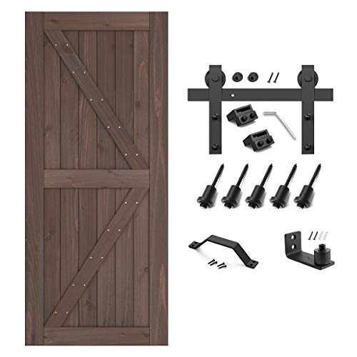 Genius Iron Light Walnut 36inx84in Barn Door with 6.6FT Sliding Door Hardware Kit & Flush and Pull Set & Floor Guide, Pre-Drilled Ready to Assemble Environmental Solid Fir Wood Door Panel, K-Frame - Thumbnail 2