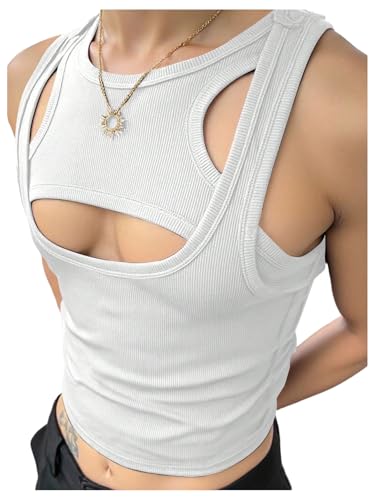 RoseSeek Men's 2 Piece Set Ribbed Knit Crop Tank Top Cut Out Undershirts at Amazon