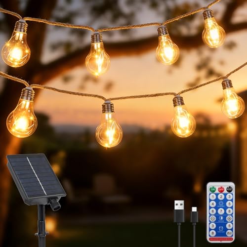 DBFAIRY 10 m Solar Fairy Lights Outdoor with 20 Bulbs, Solar Fairy Lights Outdoor Weatherproof with Timer 8 Modes, Vintage Hemp Rope Solar Fairy Lights Outdoor for Garden Balcony Party (Warm White)