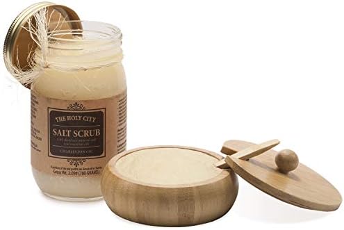 Exfoliating Body Scrub - Pure Dead Sea Salt Scrub for Hands and Body, 16 fl oz Hydrating Moisturizing Skin Care Gift Set incl. Bamboo Bowl with Lid & Spoon (White Peach)