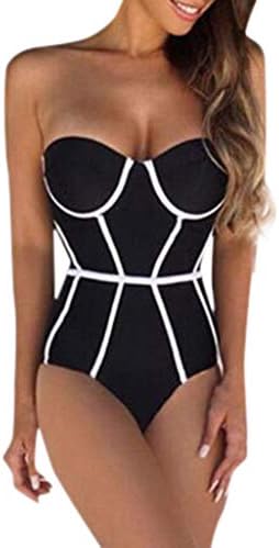 LSCOFFEE❤️Women's Fashion Striped Shoulder Ruffled Swimsuit Swimming Costume Padded Swimsuit Monokini Swimwear Push Up Bra Bikini Sexy Blue and White One-Piece Swimsuit