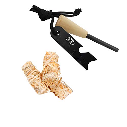 AOS Products Emergency Fire Starter Rod w/BONUS Tinder-15,000+ Strike Ferro Rod-Neck Lanyard-All Weather Firesteel Rod Multipurpose Striker-Wood Handle-Bushcraft Preppers Camping Hunting Fishing Survi