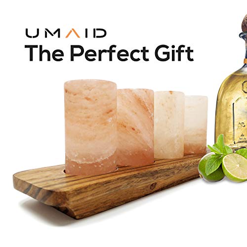 UMAID Natural Himalayan Salt Shot Glasses Set of 4, With Rose Wooden Serving Board 3" Pink Salt Glasses -Tequila Shot Glasses, Kosher & FDA Approved 100% Pure Natural Pink Himalayan Salt