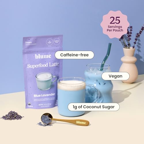 Blume Blue Lavender Superfood Latte Powder – Organic Lavender Tea Powder, Blue Spirulina, Blue Butterfly Pea Flower Tea, Chamomile, Coconut Milk - Caffeine Free, Vegan, 1g Sugar - 25 Servings