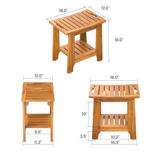 18" Standard Teak Shower Bench with Shelf & Handle - Waterproof, Non-Slip Bath Stool, 300 lbs Capacity - Fits Standard Tubs/Showers & Outdoor Use (Patented)