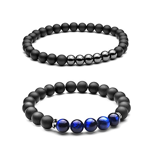 SEVENSTONE 2PCS Black Mantra Prayer Beads Bracelet for Men Women Cross Natural Stone (C 2PCS)
