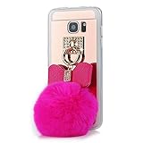 Galaxy S8 Plus Case with Fur Ball for Girls, Awsaccy(TM) Lovely Cute 3D Bowknot Fluff Ball Fluffy Pom Pom Keychain Shiny Crystal Bling Mirror Design TPU Phone Back Case for Galaxy S8 Plus Hot Pink
