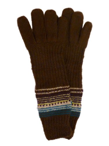 Fownes Womens Long Brown Knit Gloves with Blue & Ivory Stripes