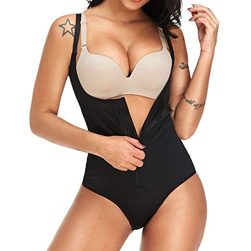 Slimerence Women Seamless Firm Control Latex Shapewear with Zip, Faja Open Bust Push Up Bodysuit Body Shaper, Black2 S - Thumbnail 2