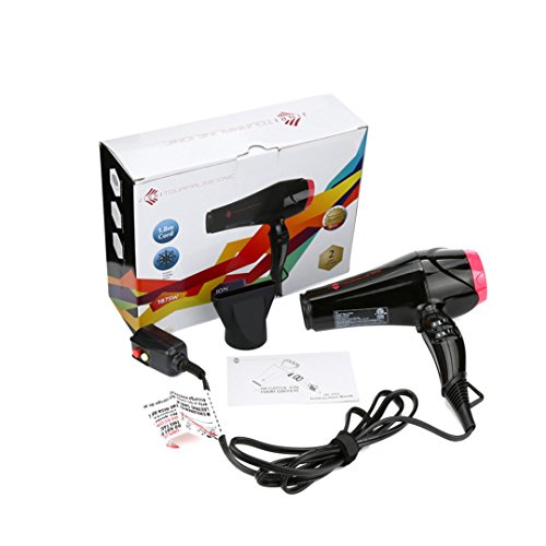 JINRI-052 1875W Professional Lightweight Powerful Lonic Long Lasting AC Motor 2 Speed 3 Heat Hair Dryer with Concentrator, 2.2m PVC Power Cord with Handle Loop (1875W, Black)