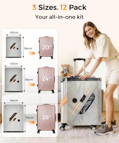 Vacuum Storage Bags for Travel with Rechargeable Cordless Pump, 12 Pack Fast Compression Packing Seal Bags for Clothes Bedding, Luggage, Backpack and Suitcase, Space Saver Storage Organizer, 4S/4M/4L