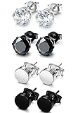 FUNRUN JEWELRY 4 Pairs Stainless Steel Stud Earrings for Men Women CZ Round Earrings Black 3-8mm