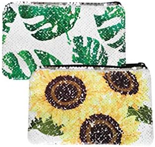 Flip Sequins Purse Sunflower Cosmetic Bag for Women Girls Glitter Makeup Pouch Pencil Case Organizer Green Yellow